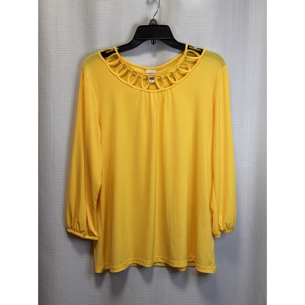 Covington Women’s L Yellow 3/4 Sleeve Blouse Loop Cutout Neck Stretch Top